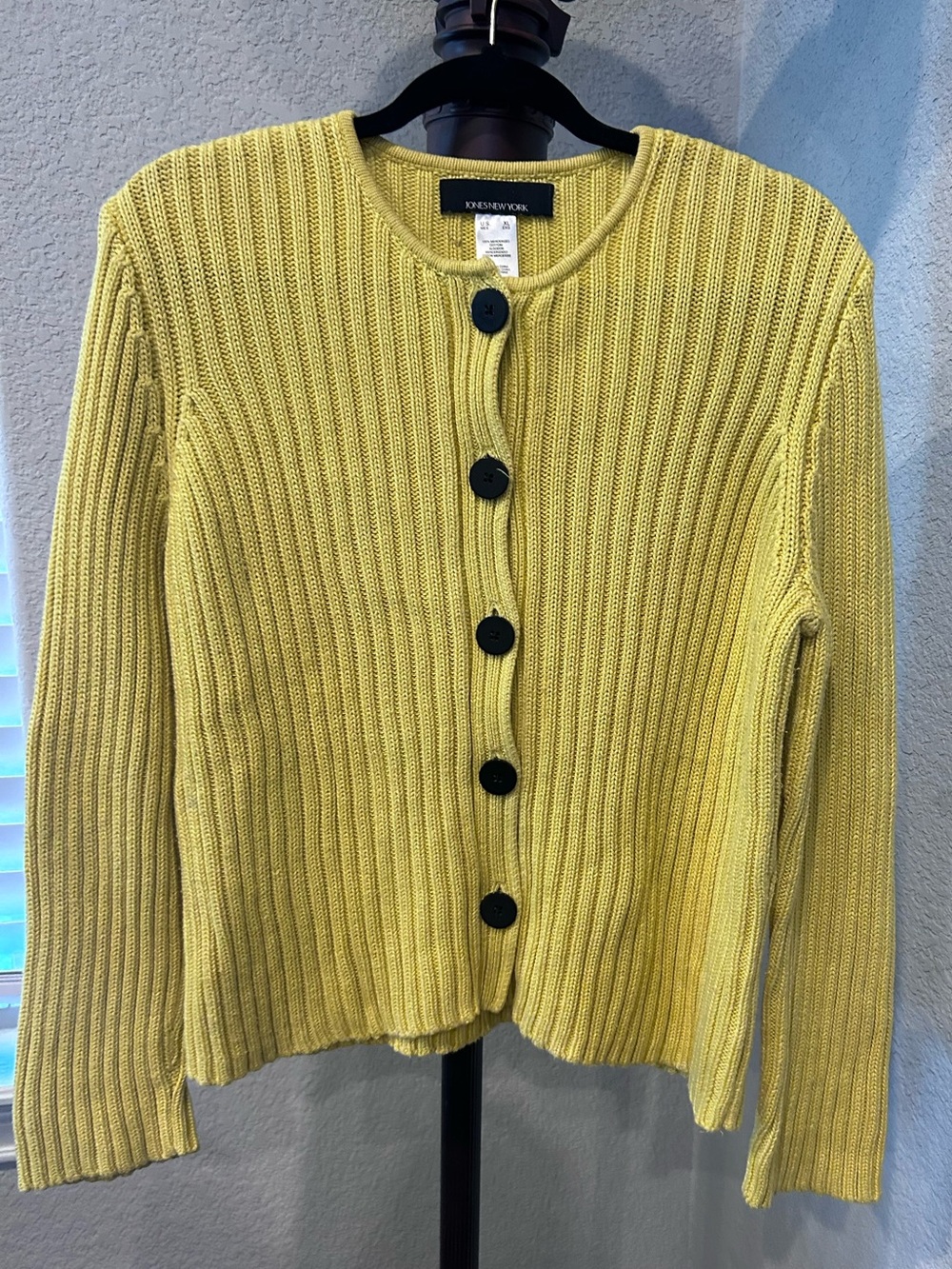 Jones New York Lemon Yellow Ribbed Button Cardigan